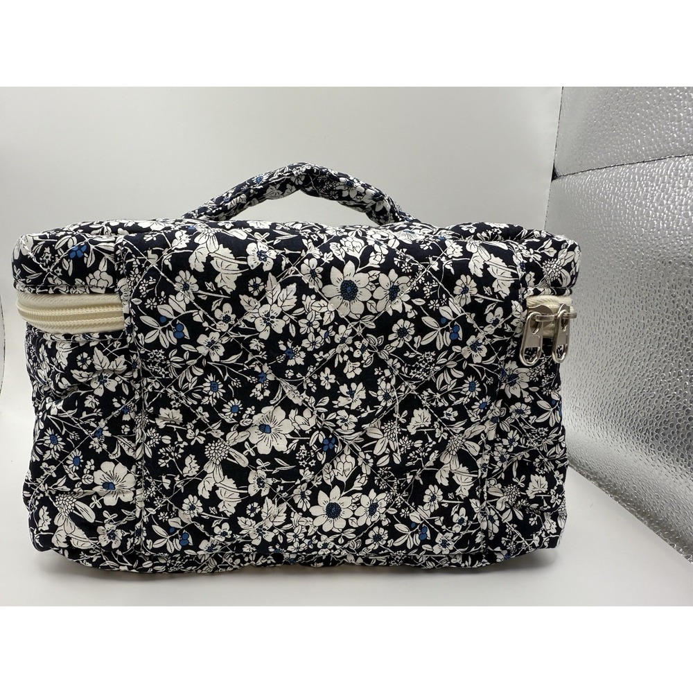 Floral Quilted Travel Cosmetic Bag Makeup Toiletry Organizer Zipper Handle Case - Picture 4 of 6
